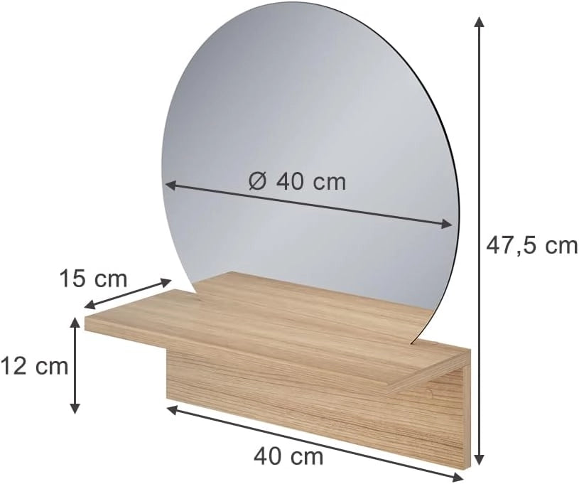 Specchio bagno Elyra, Quercia dorata, 40 x 47.5 cm con ripiano, adatto per il montaggio a parete in bagno e in ambienti abitativi