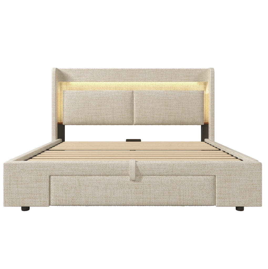 Letto imbottito 140x200 cm con contenitore; LED; USB e materasso; beige