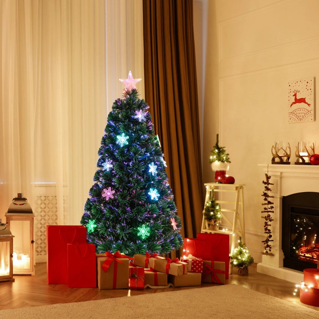 Albero di Natale con fibra ottica da 120cm, Albero di decorazione festiva con rami in pvc luci LED e fiocchi di neve-Alberi di Natale
