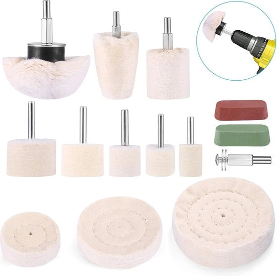 Polijst accessorio per estensione boor con disco di abrasione per macchina da forare - Set a 11 spazzole con trama a cono di cotone per polire - Cerchio di polire con 2 pezzi di pasta di polire per metallo-alluminio