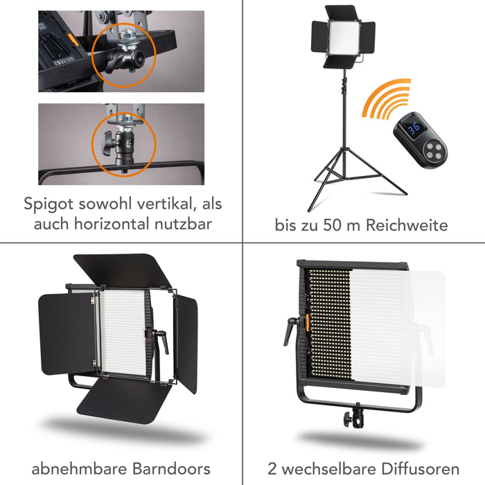 2x LED Niova 100-F Pro 100 W bicolore con treppiede per lampada, luce video dimmerabile, luce da studio con luce morbida, luce fotografica con telecomando