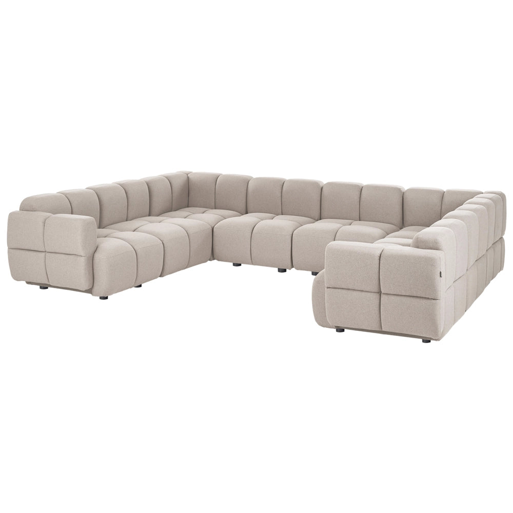 Divano modulare a forma di U in tessuto beige, set componibile da otto elementi, divano modulare in stile moderno