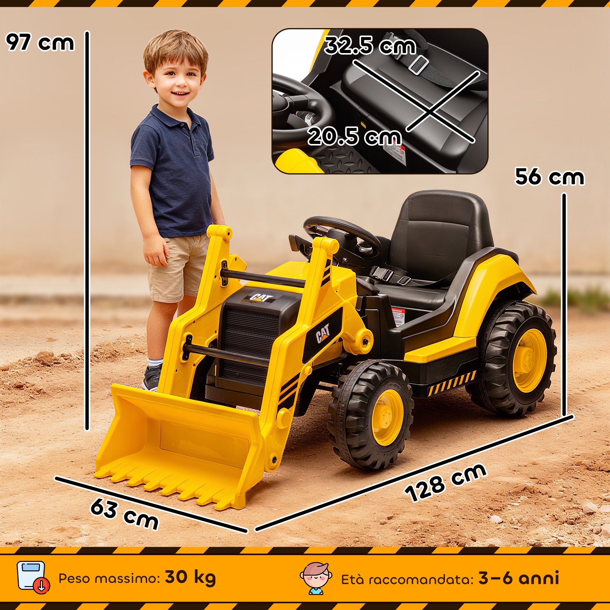 Ruspa Elettrica per Bambini 3-6 Anni Marchio Ufficiale Caterpillar 12V con Telecomando Giallo