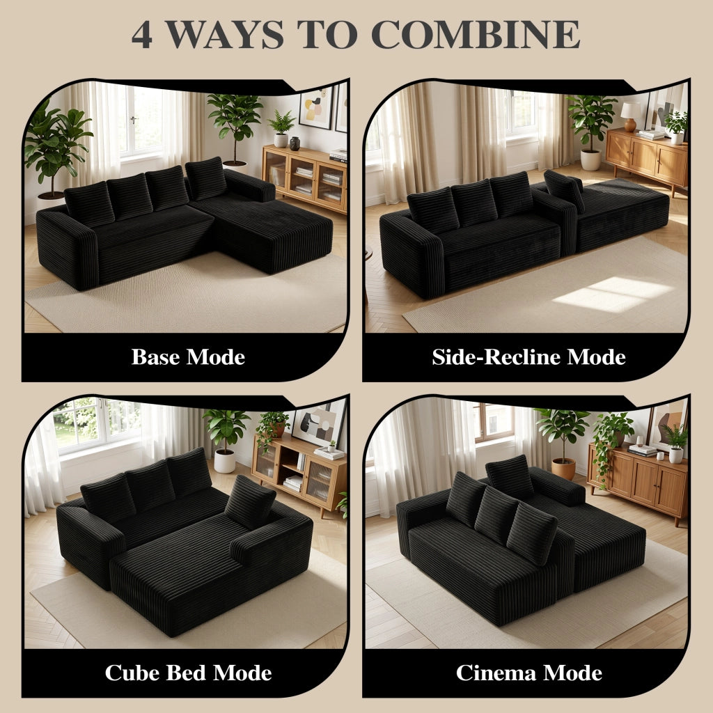 Divano modulare angolare con chaise longue reversibile e seduta profonda in corduroy nero