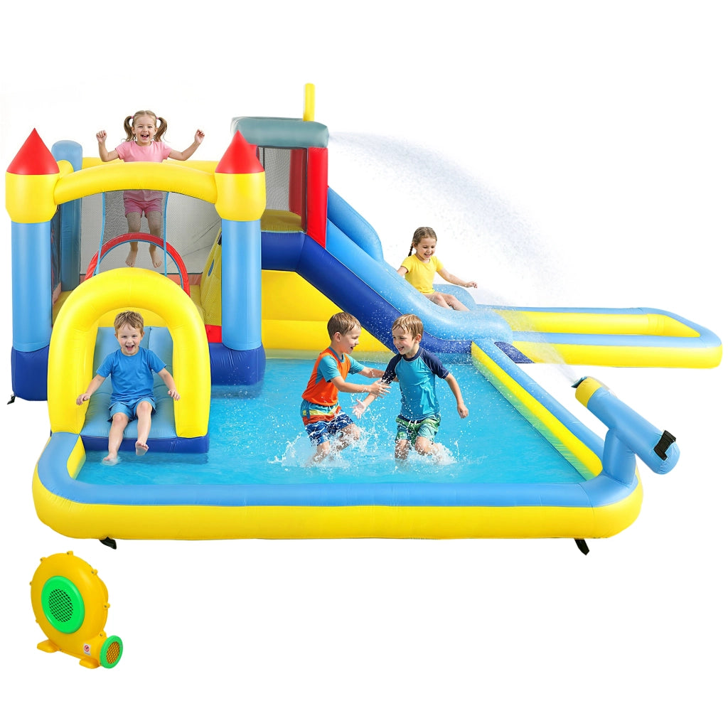 Castello gonfiabile per parco acquatico con scivoli, trampolino, parete arrampicata, cannone e canestro ¨C zephmum ¨C Colore variabile, Materiale PVC, Dimensioni variabili