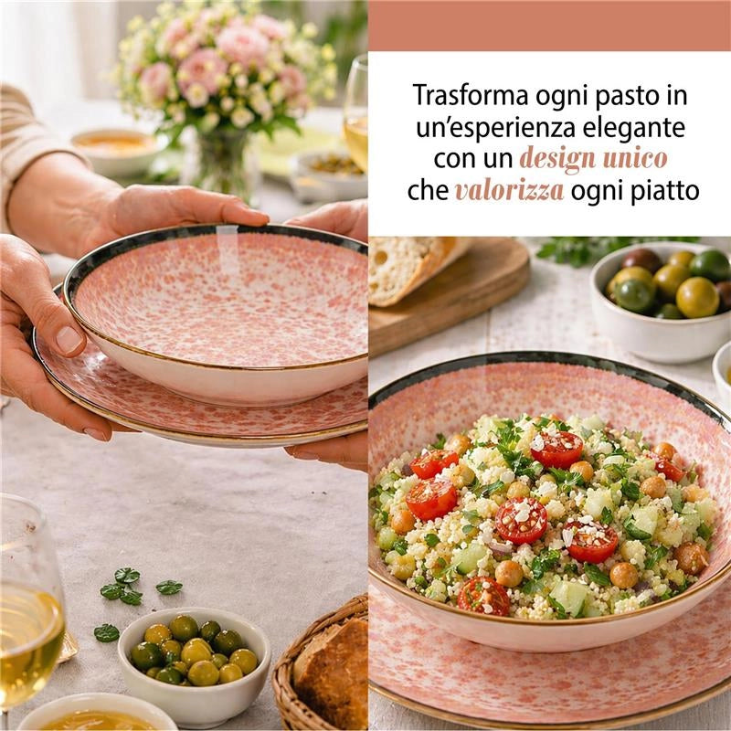 MA MAISON SERVIZIO PIATTI 18 PEZZI STILE ASTRATTO ROSA 6 FONDI - 6 PANI - 6 DA DESSERT PER LAVASTOVIGLIE E MICROONDE 6 PERSONE