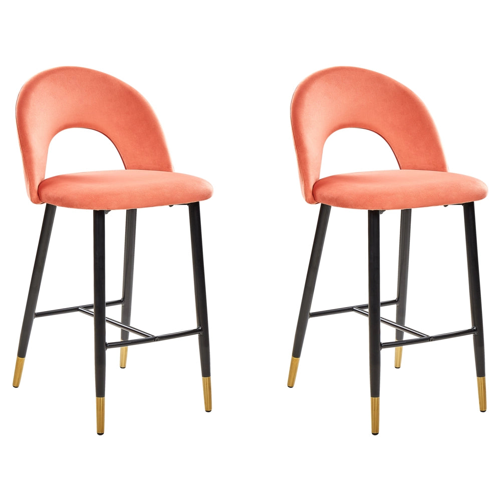 Set di 2 sedie da bar Corallo Rosso Velluto Nero Acciaio Design retrò accenti dorati Sala da pranzo
