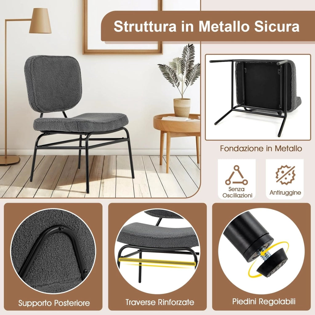 Sedia Relax Imbottita, Sedia da Lettura in Sherpa con Imbottitura in Spugna, Piedini Regolabili e Struttura in Metallo, Sedia Moderna per Soggiorno, Studio, Portata 150 kg (Grigio)