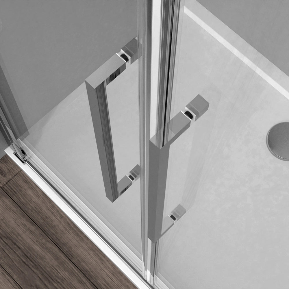 Box doccia angolare 90x90 con apertura saloon in vetro temperato trasparente con profili cromati Neos