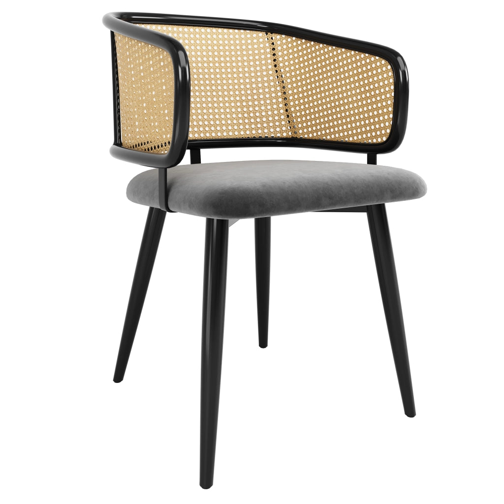 Sedia da pranzo in rattan con cuscino in velluto e gambe in ferro, schienale ergonomico, grigio
