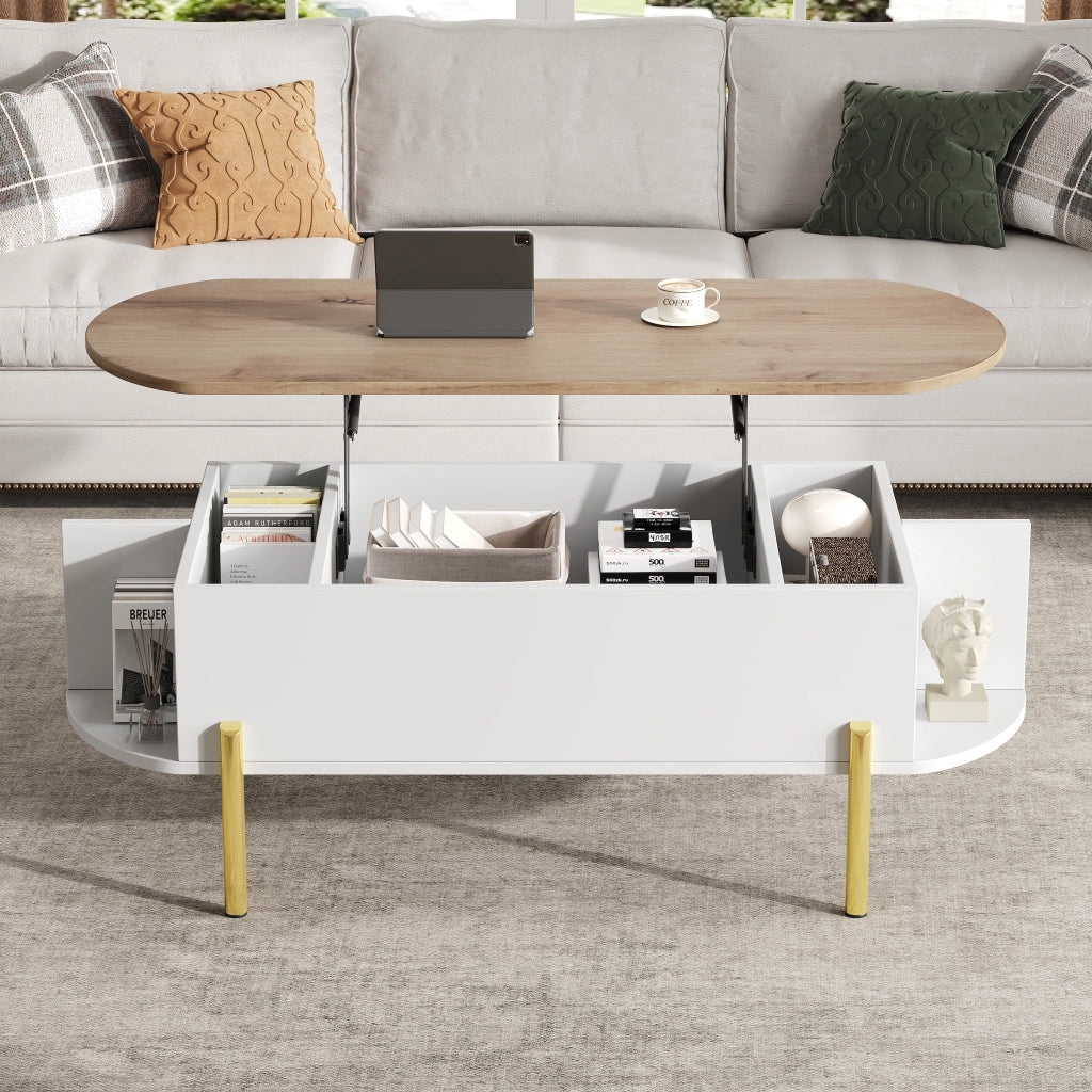 Tavolino da salotto 120x50x43 cm; piano sollevabile con vano nascosto; MDF; bianco e colore naturale