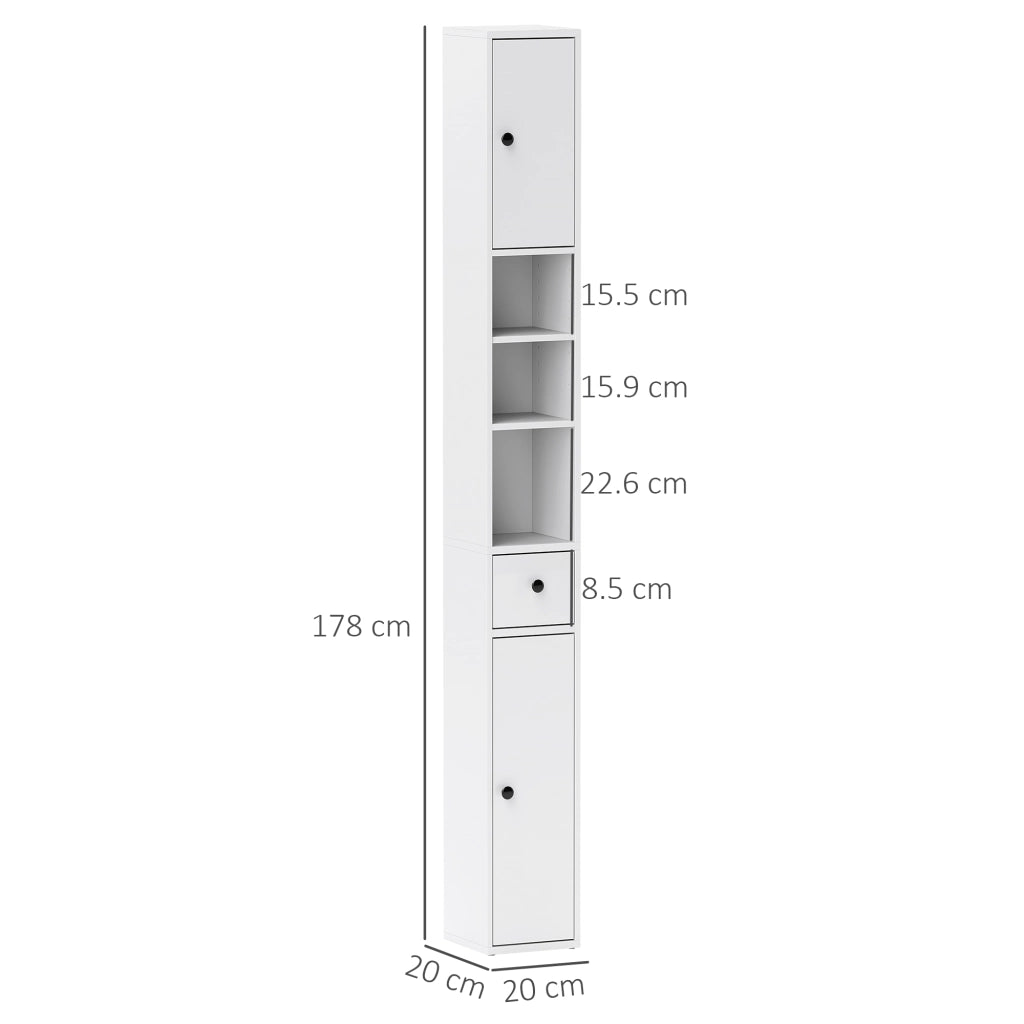 Colonna Bagno Salvaspazio 20x20x178 cm con Armadietti Ripiani Aperti e Cassetto in Legno Bianco