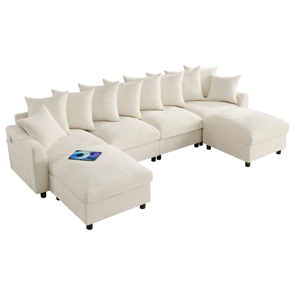 Divano angolare modulare 6 posti - con 10 cuscini e moduli flessibili - in chenille beige