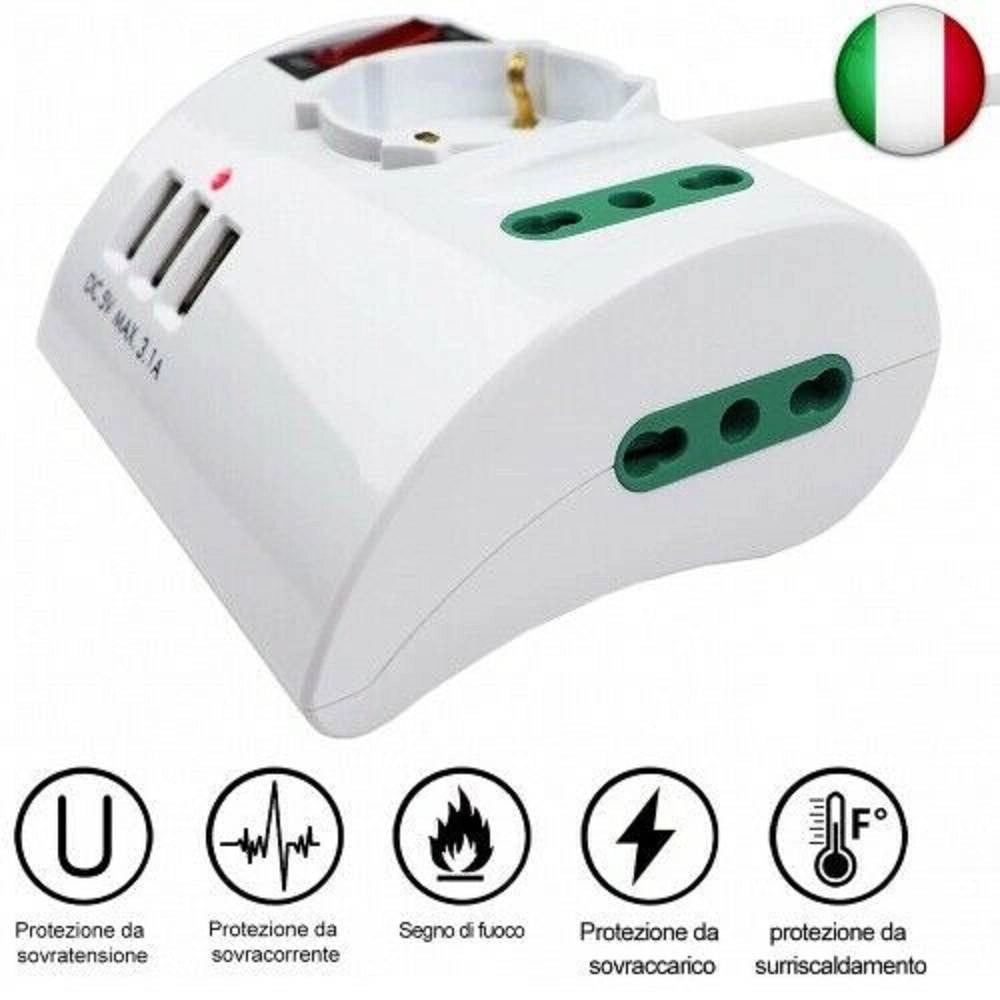 Trade Shop - Multipresa Elettrica Da Scrivania Tavolo Con 3 Presa 3 Usb Bianco Shuko Bipasso -