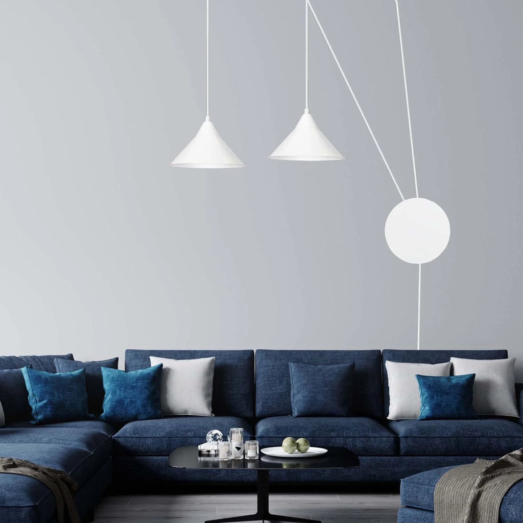 Sospensione Minimal 2 Luci Fujin In Acciao Bianco E Paralume A Cono