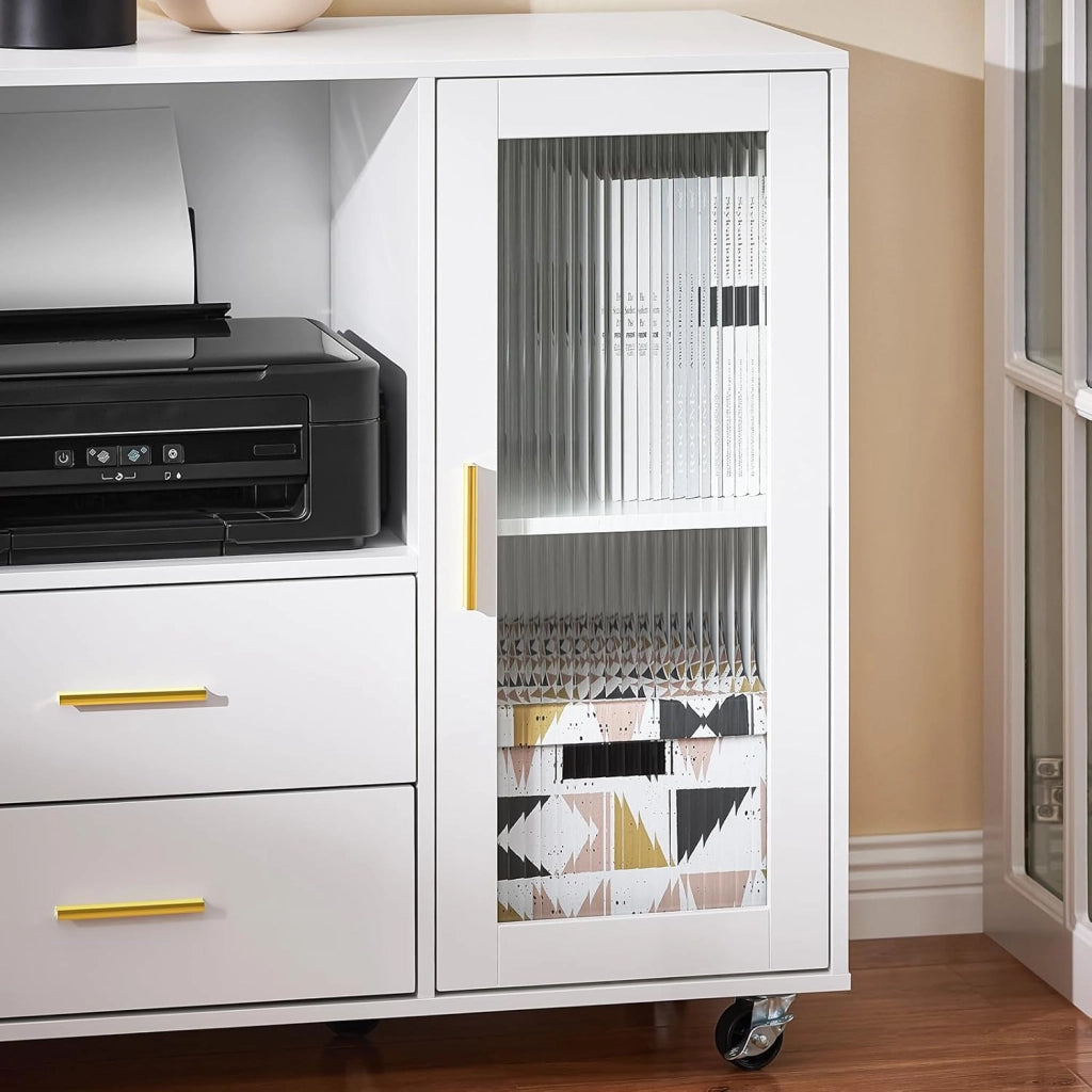 Cassettiera da Ufficio con Ruote, Supporto Stampante, Organizer da Scrivania, Mobiletto Contenitore con 2 Cassetti e 1 Anta in Vetro, Bianco 75x40x76 cm ASK09-W