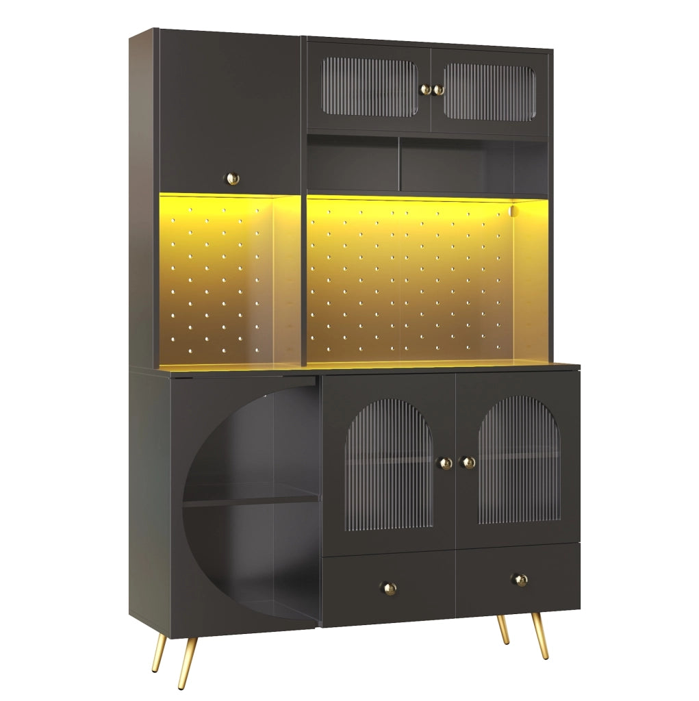 Credenza 120x40x176 cm con LED; prese USB e AC in MDF e vetro nero