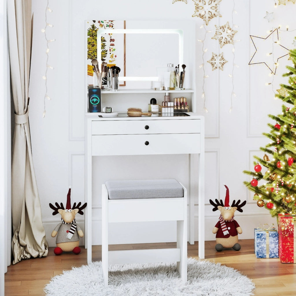 Piccolo tavolo da trucco con 3 modalit¨¤ di illuminazione e sgabello imbottito, Toeletta con specchio e luci Bianco-Tavoli da trucco