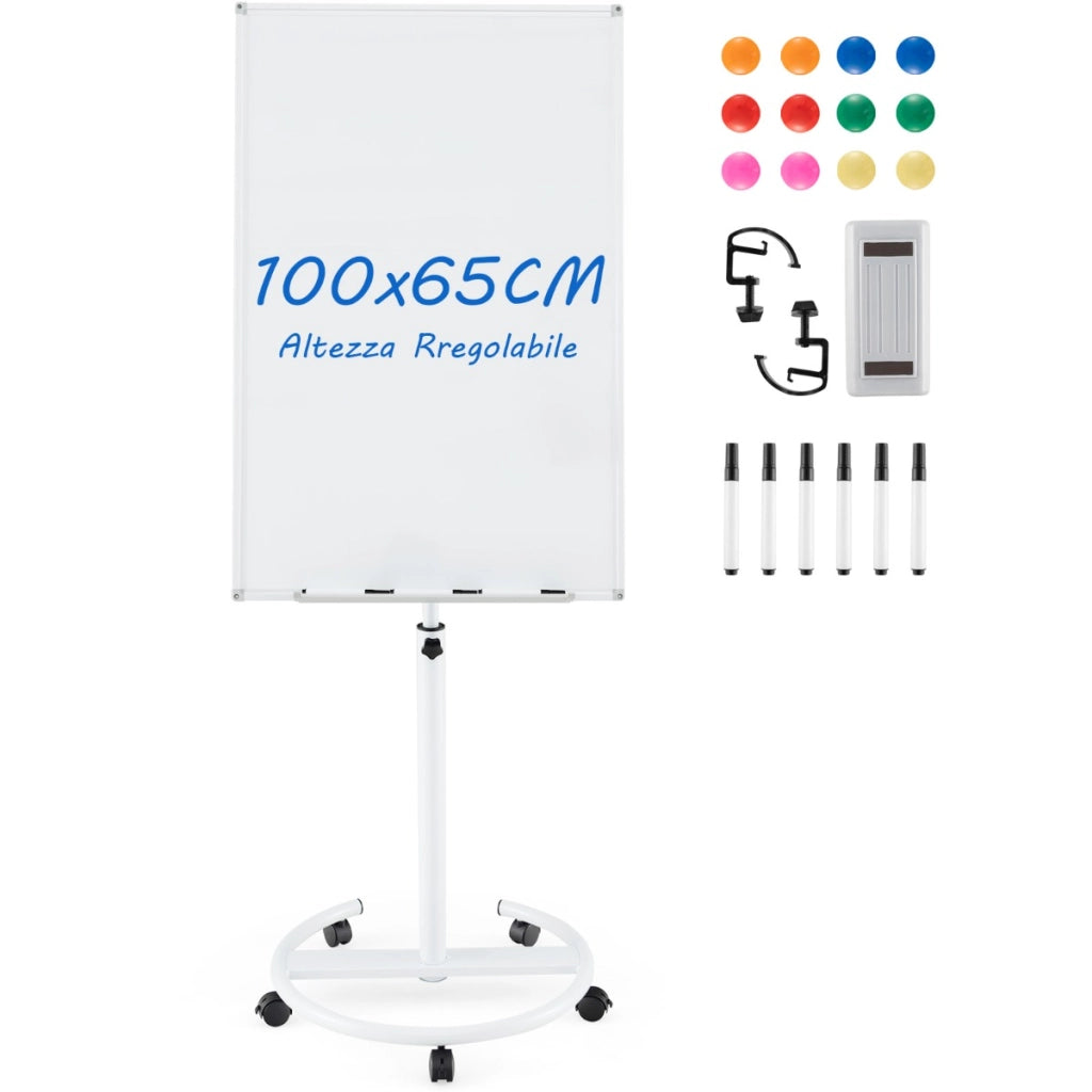 Lavagna magnetica cancellabile a secco con 5 ruote, Lavagna regolabile in altezza con supporto rotondo Bianco-Lavagne