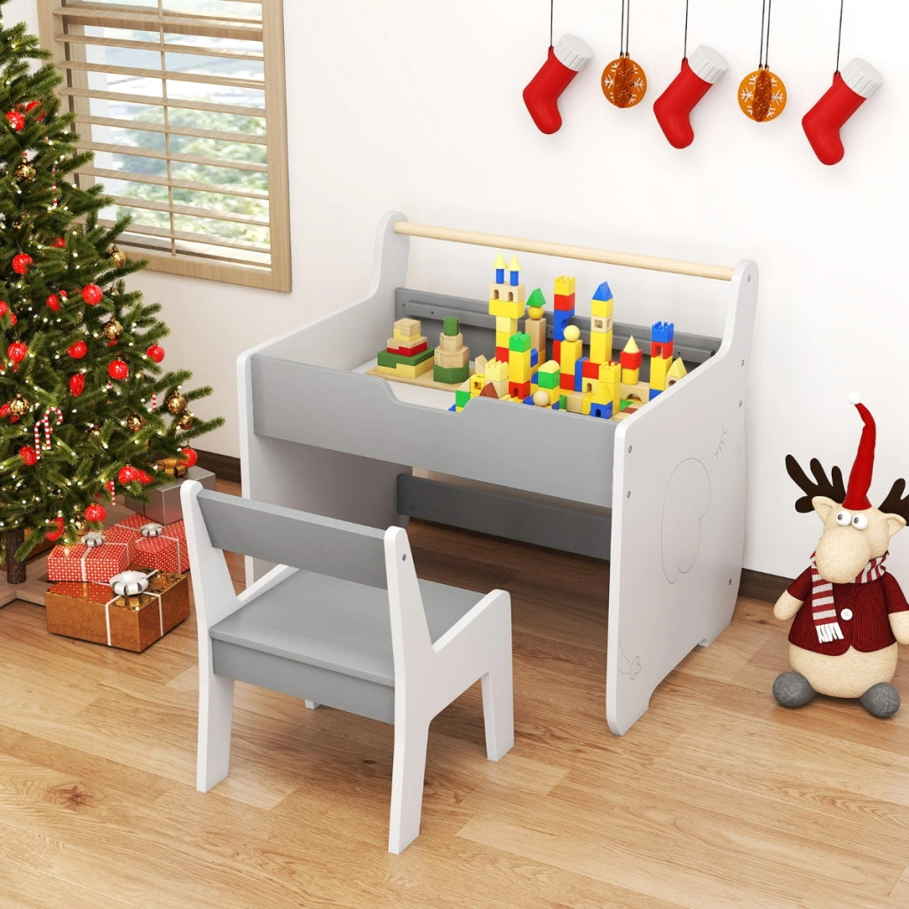 Set tavolo e sedia per bambini con piano rimovibile 2-in-1, Set scrivania in legno con spazio di archiviazione Grigio e Bianco-Tavoli e sedie