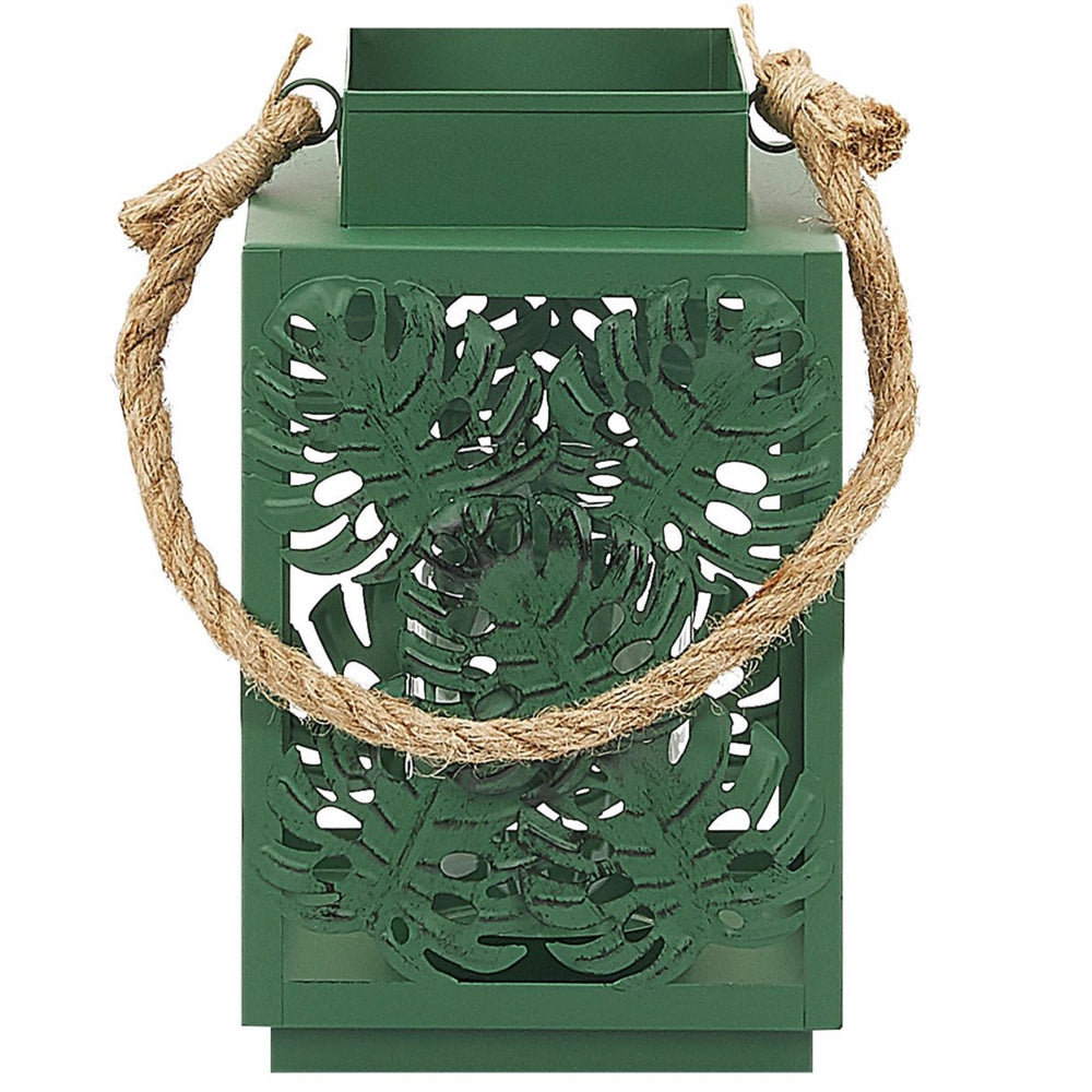 Lanterna Verde Metallo 25 cm Portacandele in Vetro Foglie di Monstera Decorazione Boho