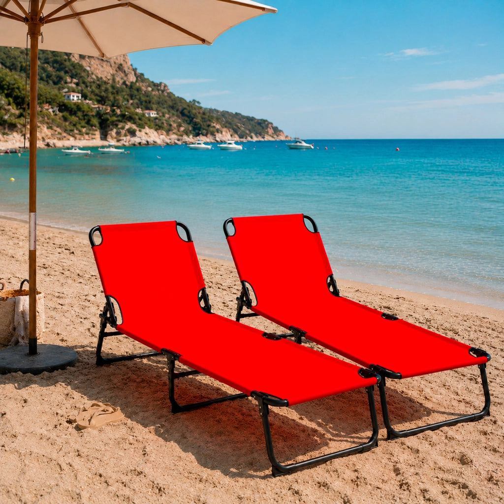 Coppia Di Lettini Pieghevoli Prendisole Senza Tettuccio Parasole Schienale Reclinabile Regolabile Struttura In Metallo Nero Sedia Sdraio Per Spiaggia Mare Giardino Piscina 187 x 53 x 24 Cm (Rosso)