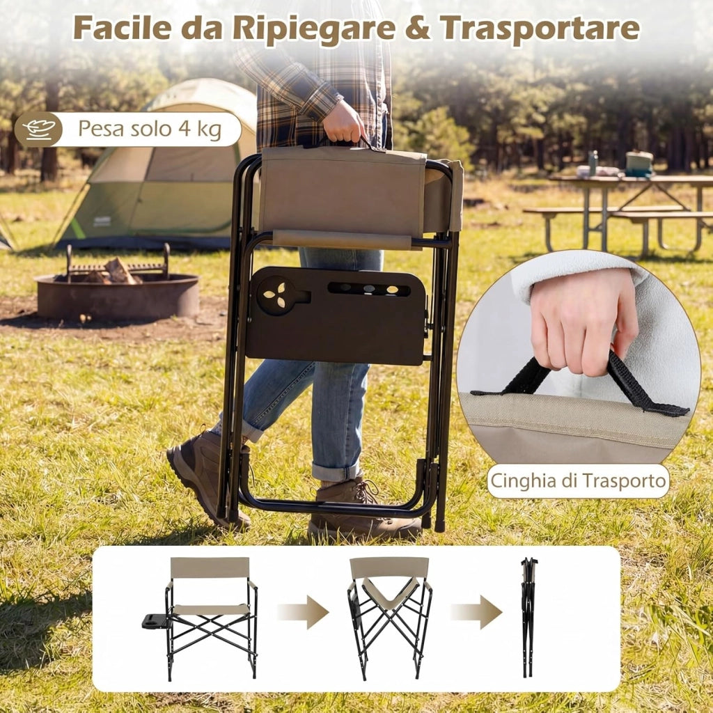 Sedia da Regista Campeggio Pieghevole, con Portabicchieri | Poltrona Ergonomica Salvaspazio, Struttura in Metallo, Terrazzo Giardino Campeggio Mare Spiaggia, Portata 160 kg