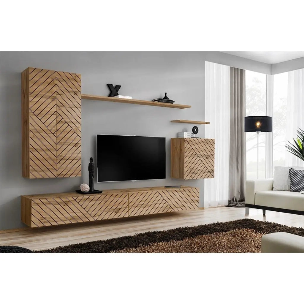 Mobile porta TV sospeso 120cm effetto rovere con facciata fresata. Collezione SWITCH.