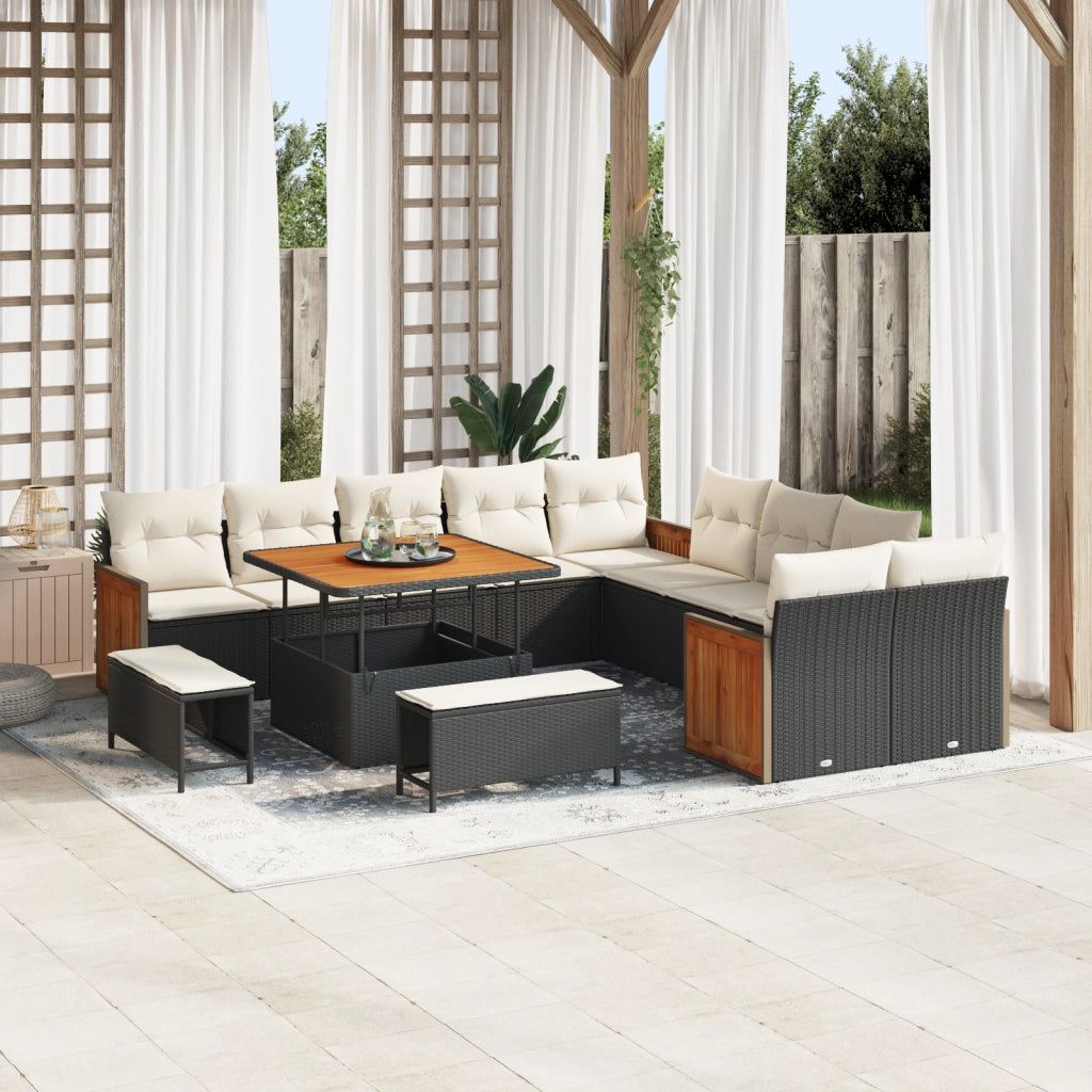 Set di divani da giardino 13 pezzi con cuscini Nero Polyrattan Acacia