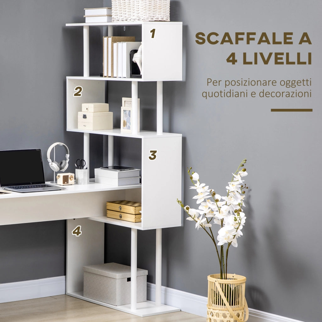 Scrivania Angolare Moderna in Truciolato per Ufficio e Studio con Ripiano a 4 Livelli, 120x80x176 cm, Bianco