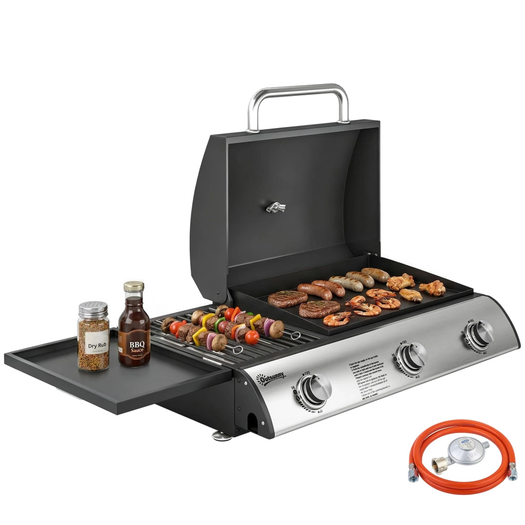 Barbecue a Gas con 3 Bruciatori 7,5 kW ¨C zephmum ¨C Griglia Piana, Ripiano Laterale, Nero