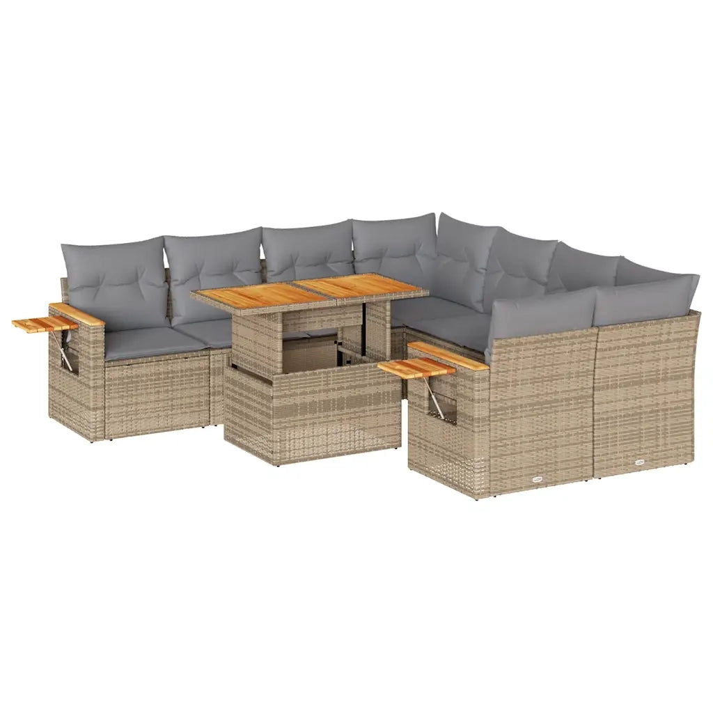 Set Divano da Giardino 9 pz con Cuscini Beige Polyrattan Acacia