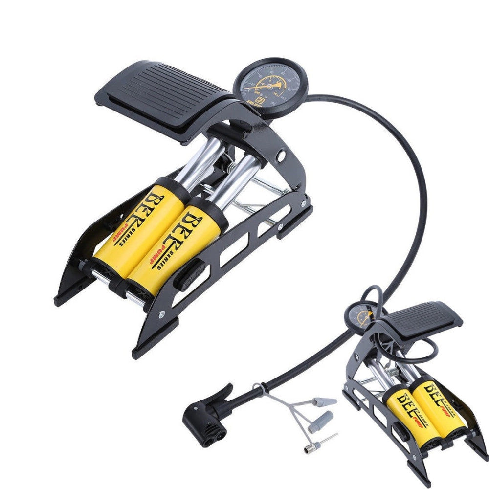 Trade Shop - Gonfiatore Pompa A Pedale Manometro A 2 Cilindri Bici Auto Moto 10 Bar 160 Psi -