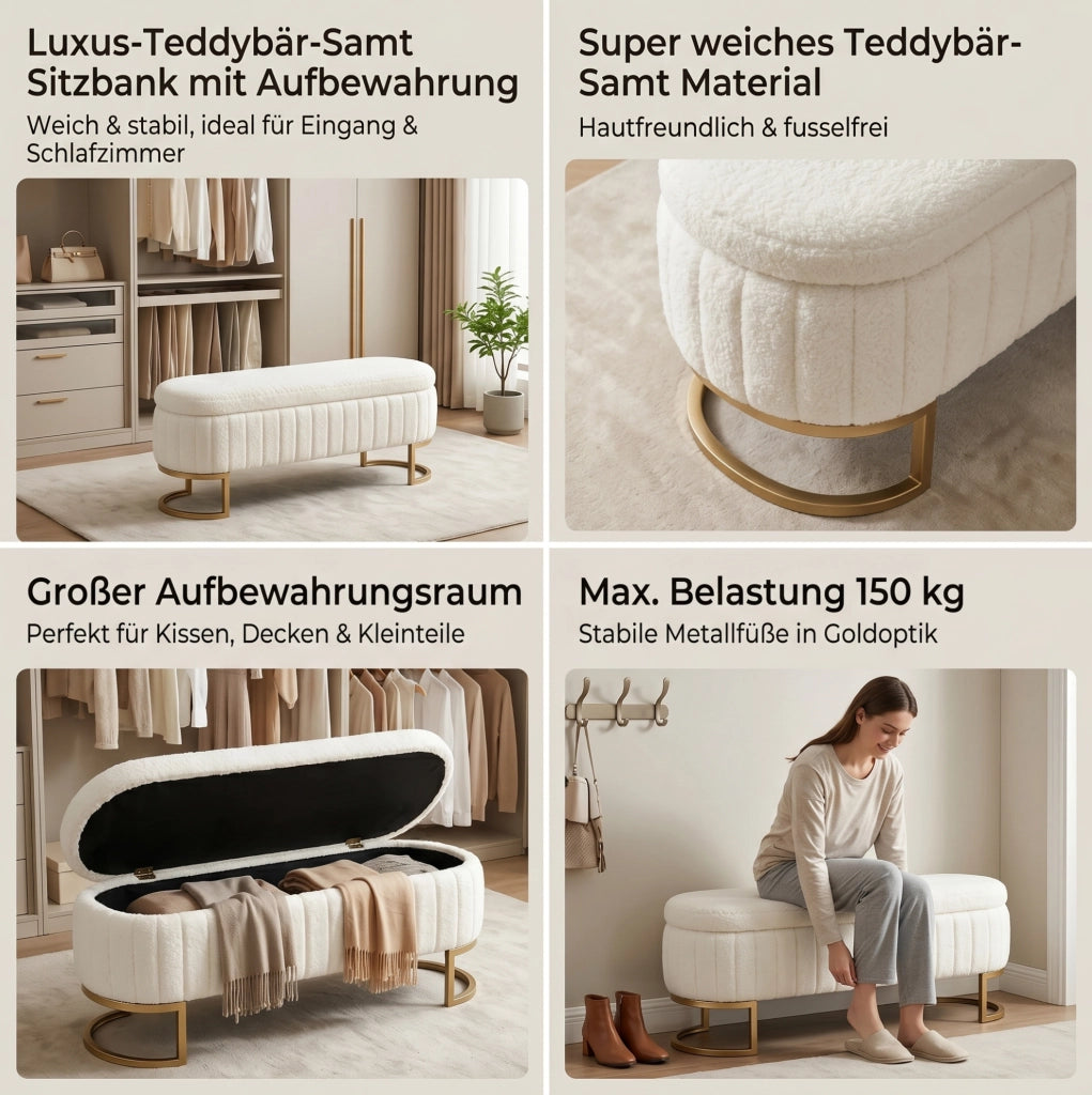 Panca contenitore in velluto crema 130 cm con piedi dorati