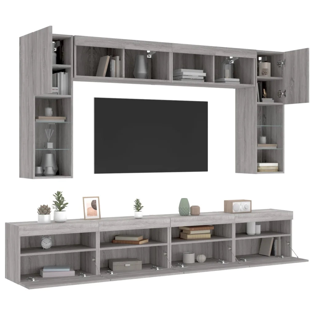 Set Mobili TV a Muro 8 pz con Luci LED Grigio Sonoma