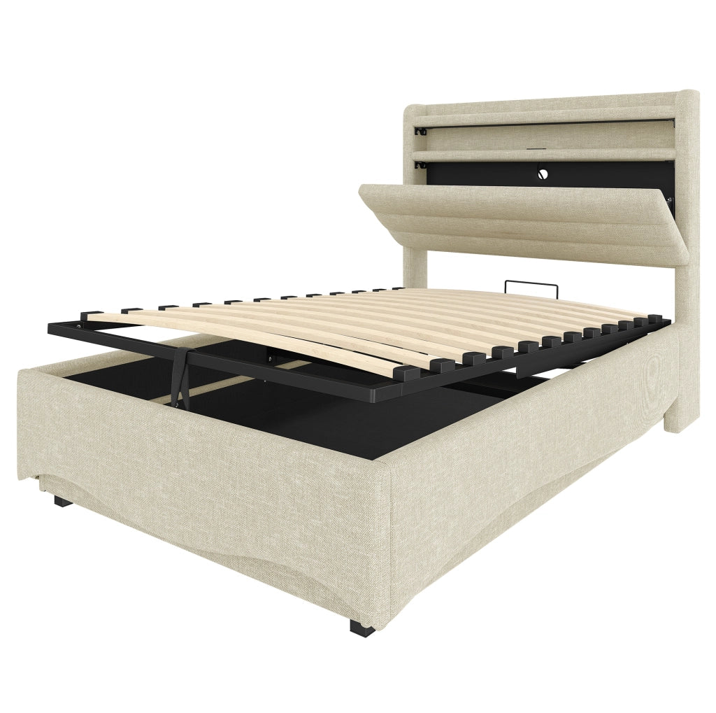 Letto imbottito 90x200 cm con LED, contenitore idraulico e porte USB/Type-C