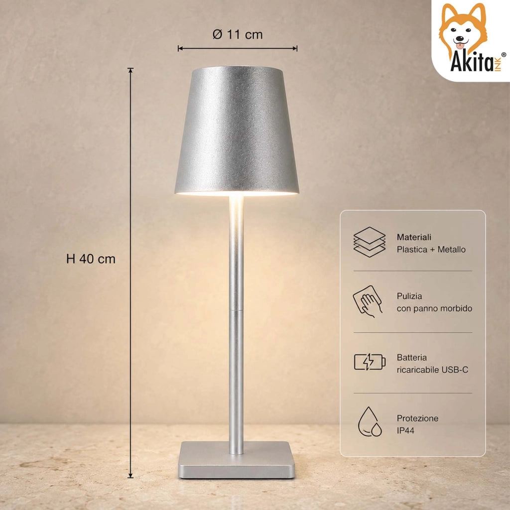 Akitaink Lampada da Tavolo LED Argento Ricaricabile