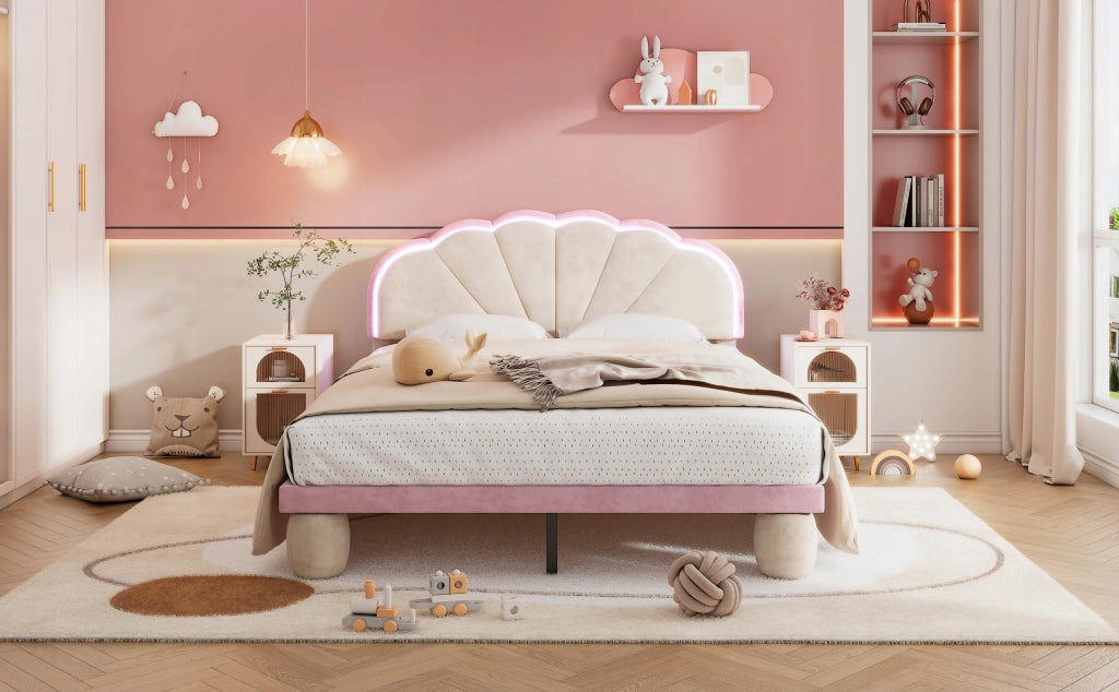 Letto imbottito con LED - Xylo - 140x200 - Beige+Rosa - Senza materasso
