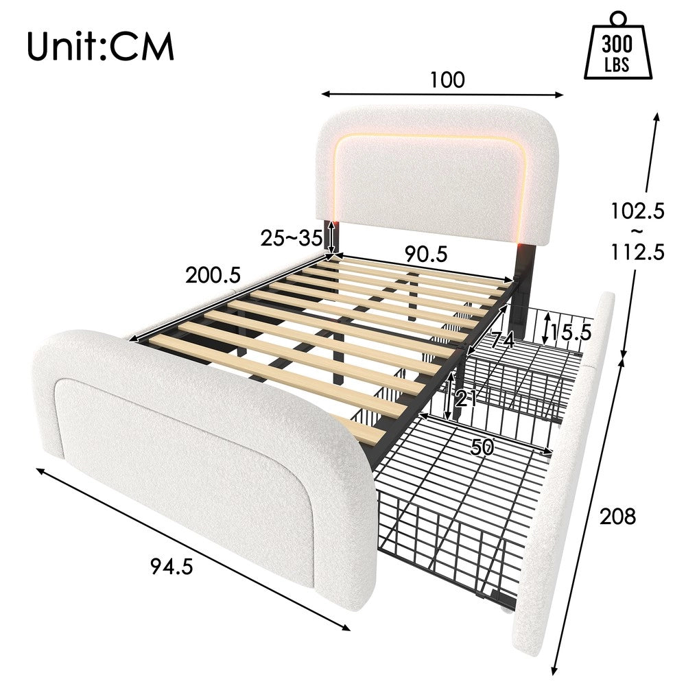 Letto Singolo Imbottito con LED, USB e Cassetti ¨C MINIMAL ¨C 90x200, Testiera Regolabile, Doghe in Legno, Bianco