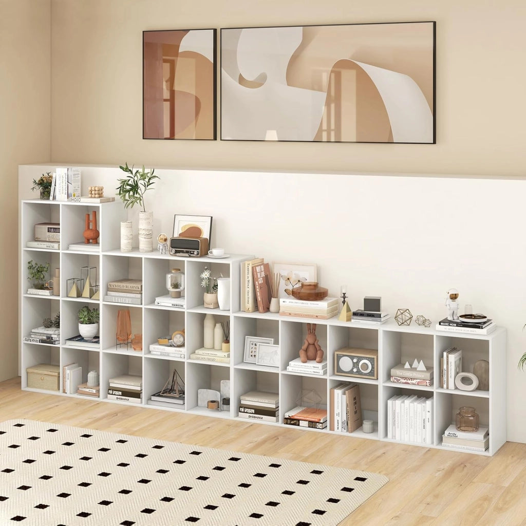 Libreria a 8 Cubi, Scaffale con Sbarra di Protezione Posteriore e Kit Anti-Ribaltamento, Organizer a 4 Livelli Autonomo con Ripiani per Soggiorno, Camera da Letto, Studio, 69,5 x 33 x 137 cm
