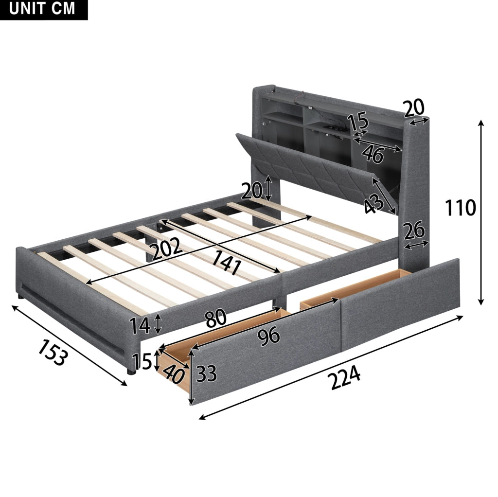 Letto matrimoniale 140x200 cm in lino e MDF grigio con luci LED APP; USB e 2 cassetti
