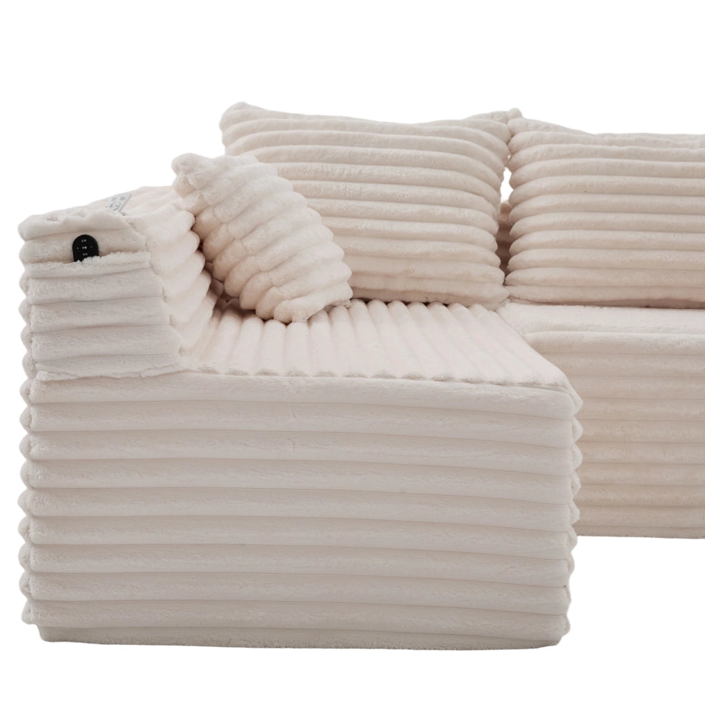 Divano modulare a U con portabicchieri e tasche laterali in corduroy beige