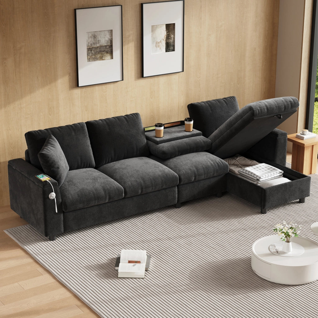 Divano letto angolare con contenitore e tavolino ribaltabile - in chenille - grigio