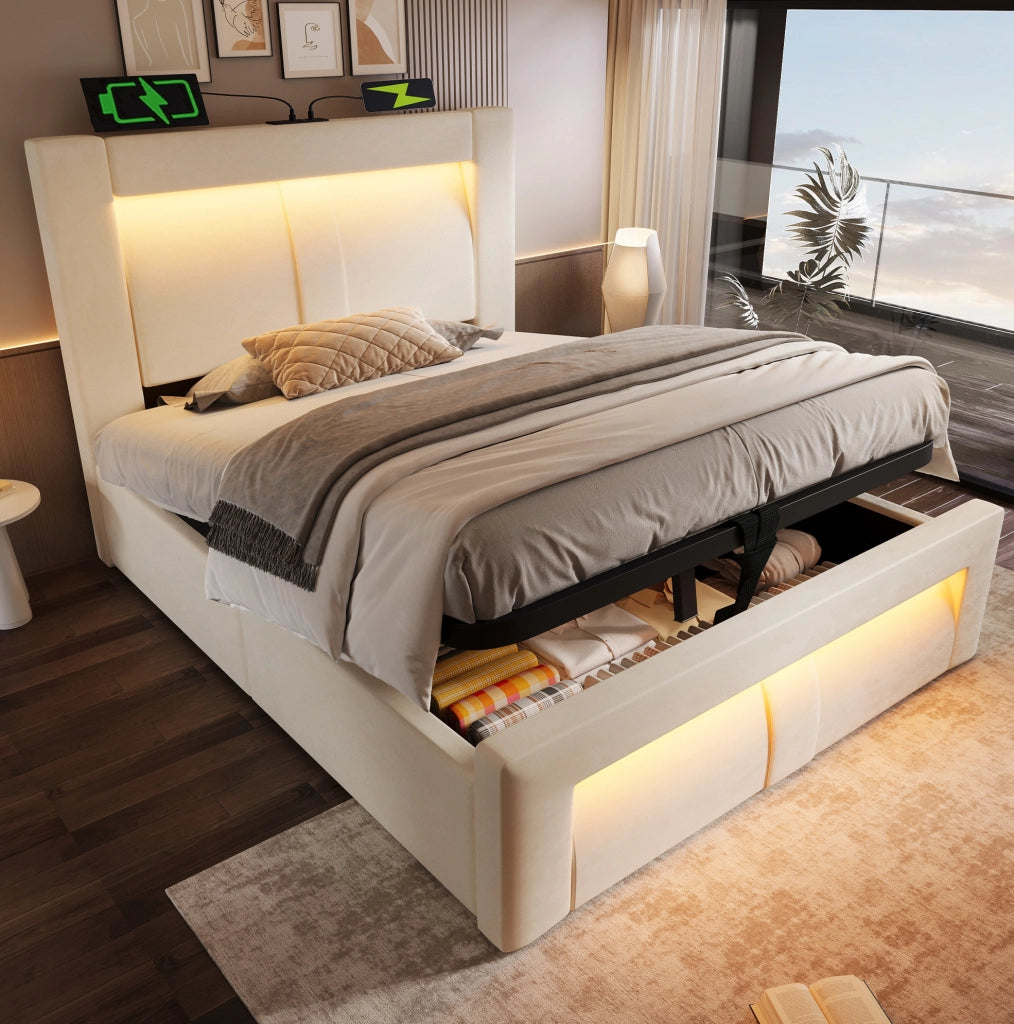Letto singolo 90x200 con contenitore LED USB/Type-C in velluto beige