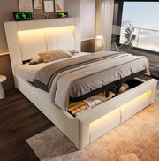 Letto singolo 90x200 con contenitore LED USB/Type-C in velluto beige