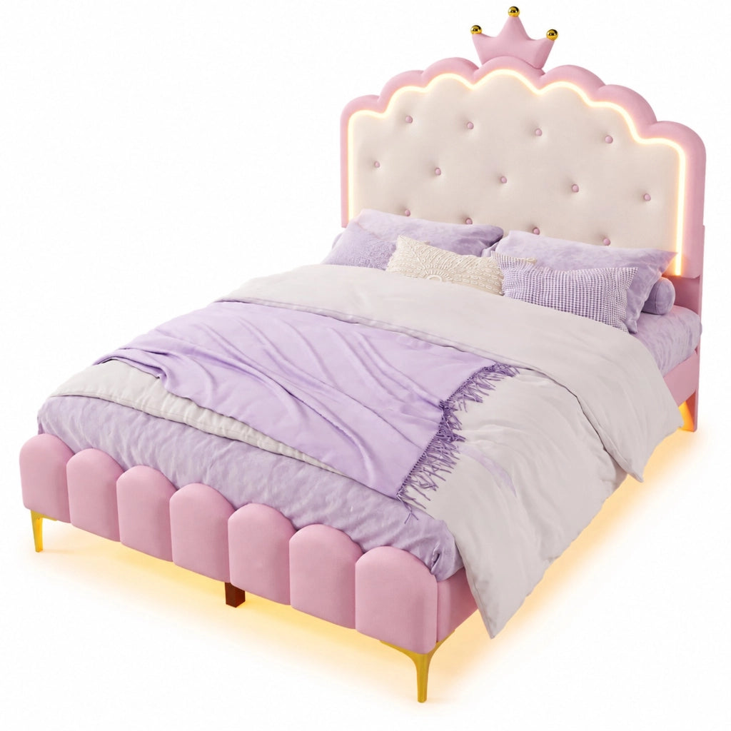 Letto Princess in PU rosa 140x200 cm con rete a doghe, luci LED ambientali e piedi in metallo