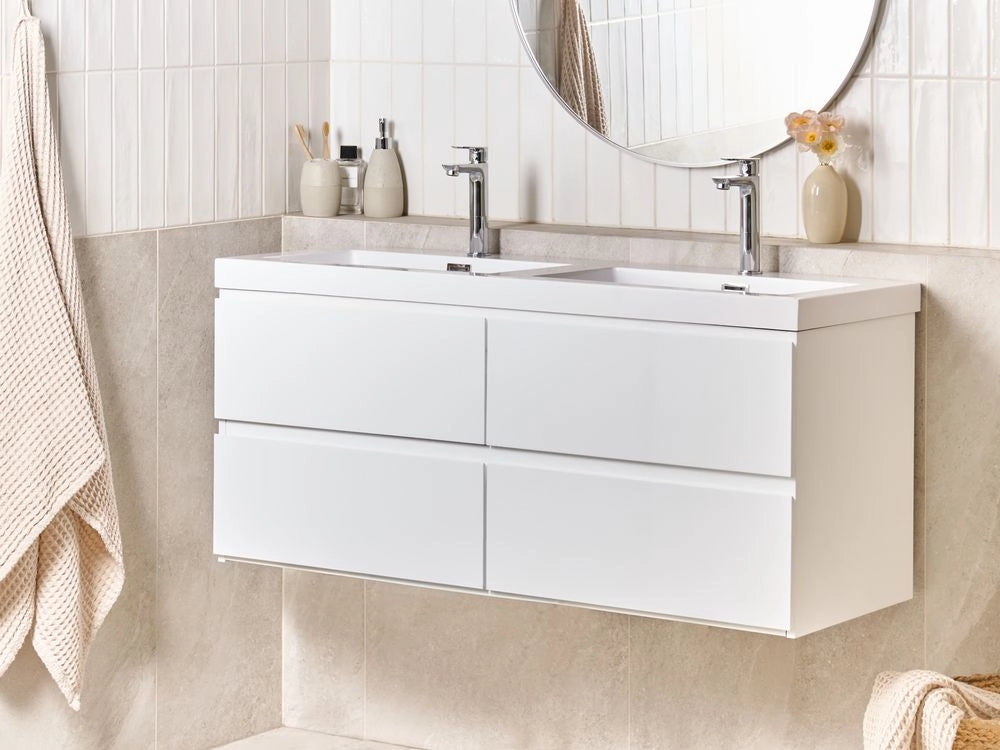 Mobiletto pensile con lavabo in legno MDF 2 cassetti 120 x 46 cm bianco stile moderno