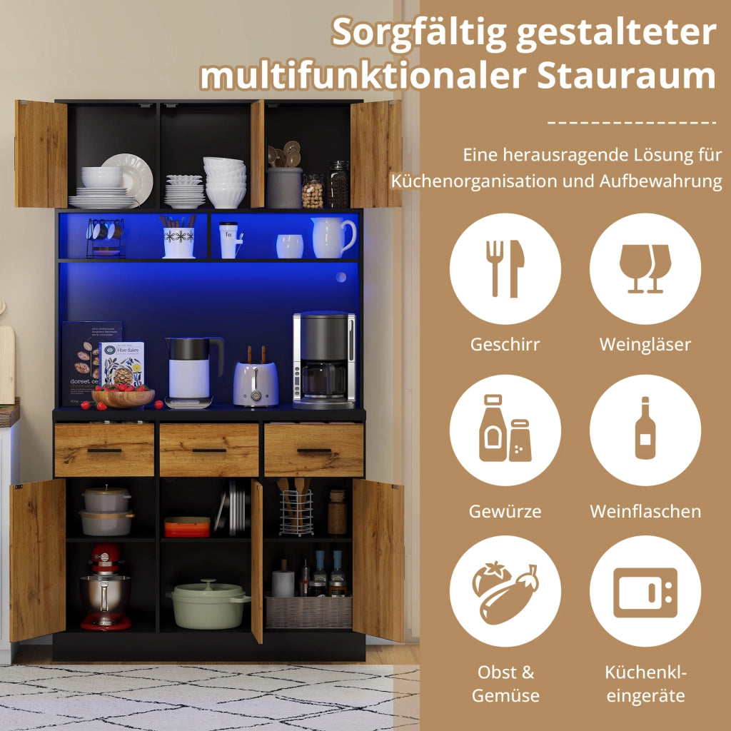 Credenza alta da cucina con 3 cassetti, 6 ante, ripiani regolabili, LED e prese USB, 100 × 40 × 180 cm