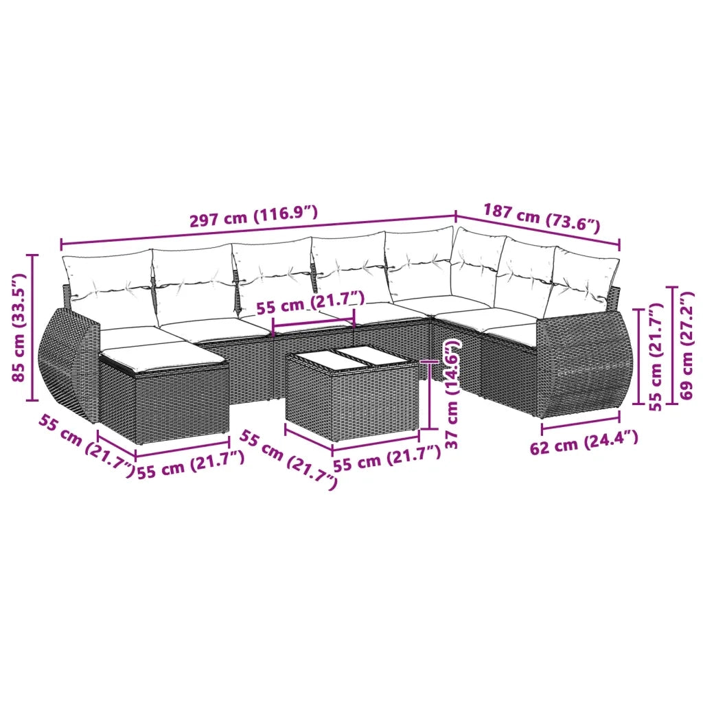 Set Divano da Giardino 8pz con Cuscini Grigio Chiaro Polyrattan