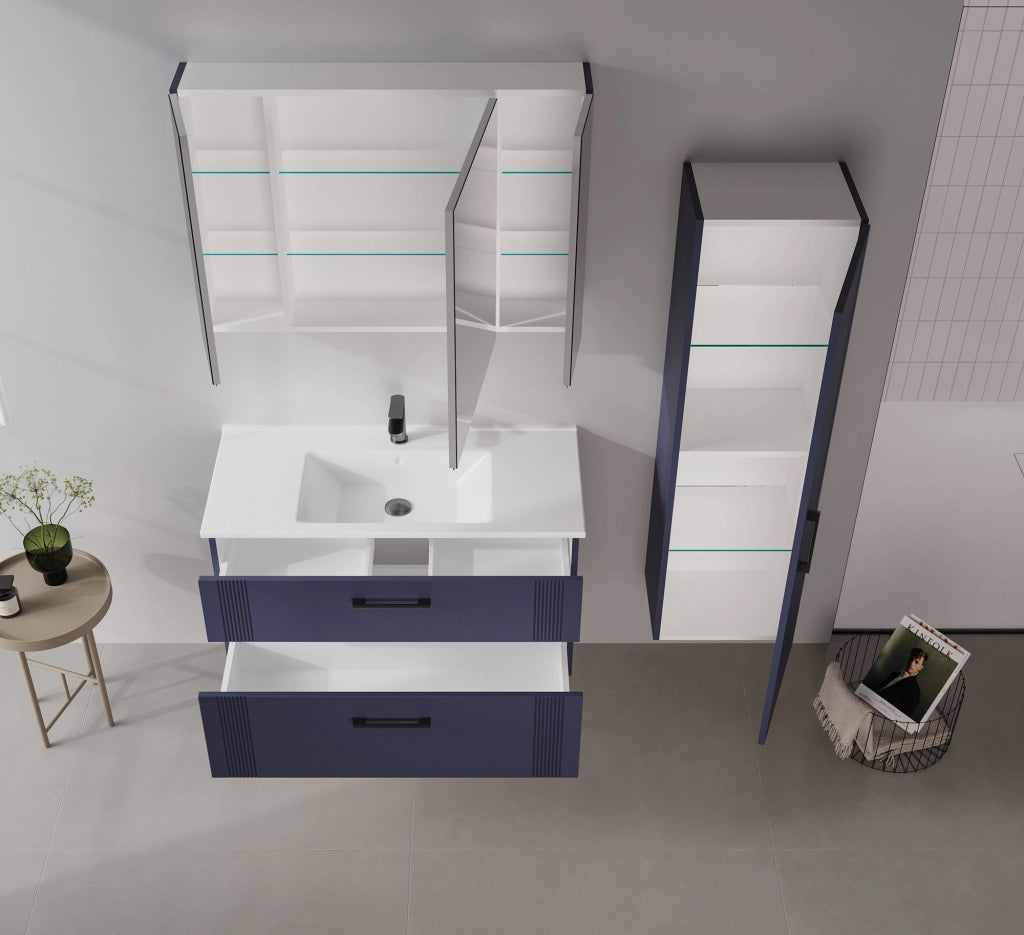 Set mobile lavabo con specchio (2 pezzi) "Bari 100 v2" - 100 x 45 x 55 cm - Blu navy opaco